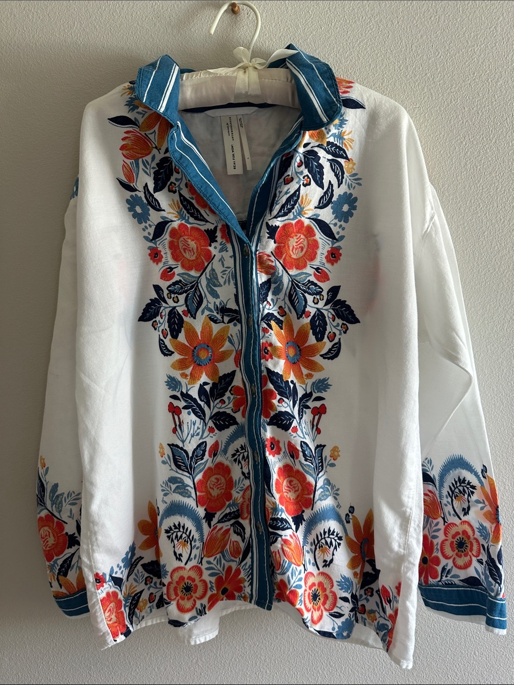 Anthropologie White With Teal Blue And Orange Floral Design Shirt - Picture 11 of 15
